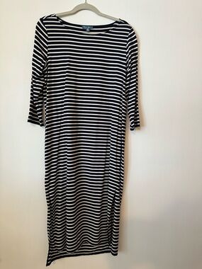 Classic Navy and White Striped Midi Dress - Boatneck